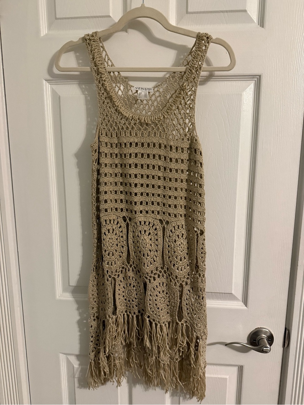 VENUS Open-Knit Crochet Tank Dress in Beige